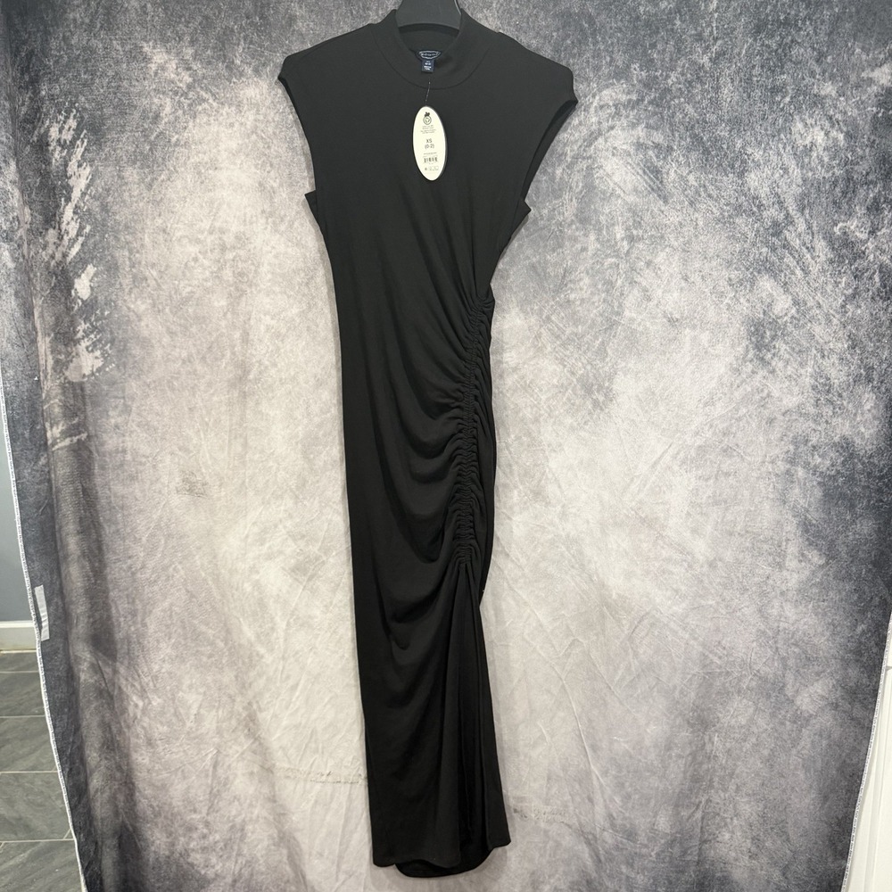 Scoop Womens XS Black Ruched Maxi Dress Mock Neck Sleeveless Stretch New Tags